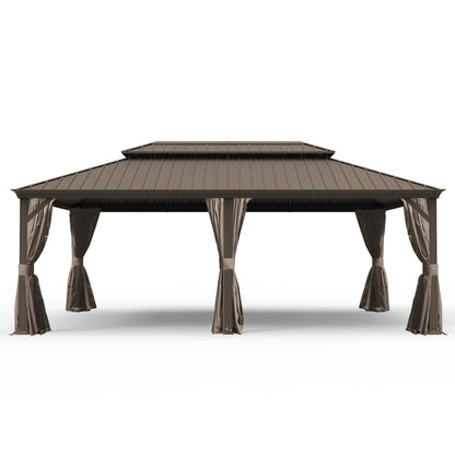 14' X 24' Hardtop Gazebo, Upgraded Metal Gazebo with Drainage System, Dual-Layer Galvanized Steel Roof, Curtain and Netting, Outdoor Shelter Canopy for Patio, Garden, and Backyard, Brown