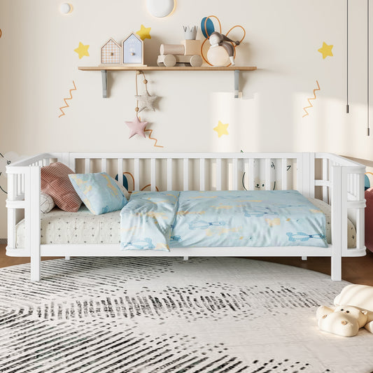 Children's double wooden platform bed with railings, a low iron double bed with railings, suitable for girls and boys, (Twin,White)