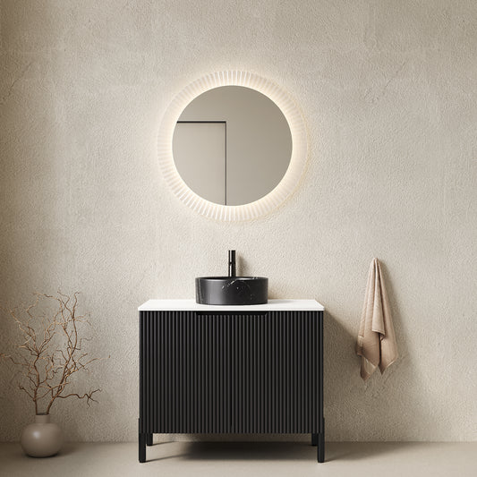 TURIO 30' Bathroom Vanity with Sink, Freestanding Bathroom Storage Cabinet with 2 Doors, Black Round Ceramic Basin with Stone Pattern & Carrara White Sintered Stone Countertop, No Faucet, Black Color