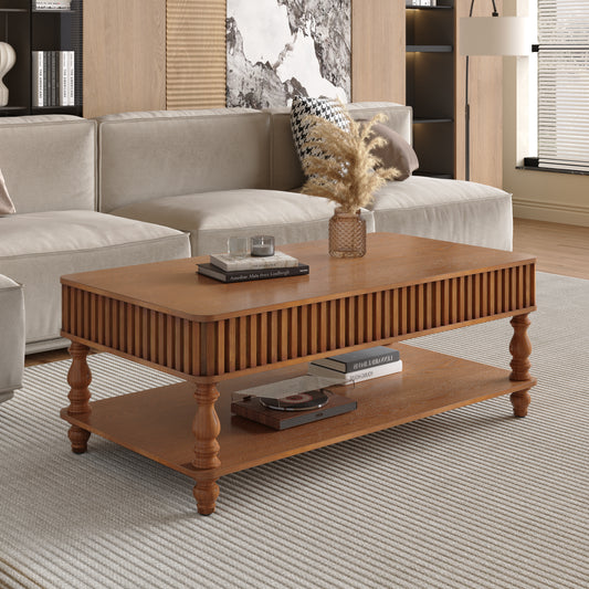 47.24' Vintage Brown Lift Top Coffee Table, Tool-Free Assembly Solid Wood with Fluted Details & Solid Roman Legs, Classic Lift-Top Desk for Living Room