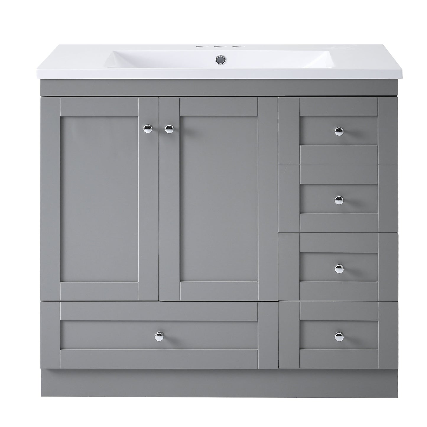 Gray Shaker Style 36 inch Free-Standing Bathroom Vanity Cabinet with Resin Sink, 4 Soft-Close Drawers and 2 Soft-Close Doors