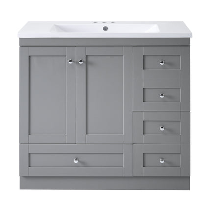 Gray Shaker Style 36 inch Free-Standing Bathroom Vanity Cabinet with Resin Sink, 4 Soft-Close Drawers and 2 Soft-Close Doors