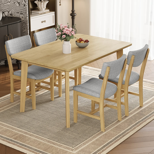 Rustic 5-Piece Dining Set - 1 Solid Wood Table + 4 Upholstered Chairs, Farmhouse-Style Dining Furniture for Kitchen & Dining Room, Minimalist Dining Set for 4, Natural