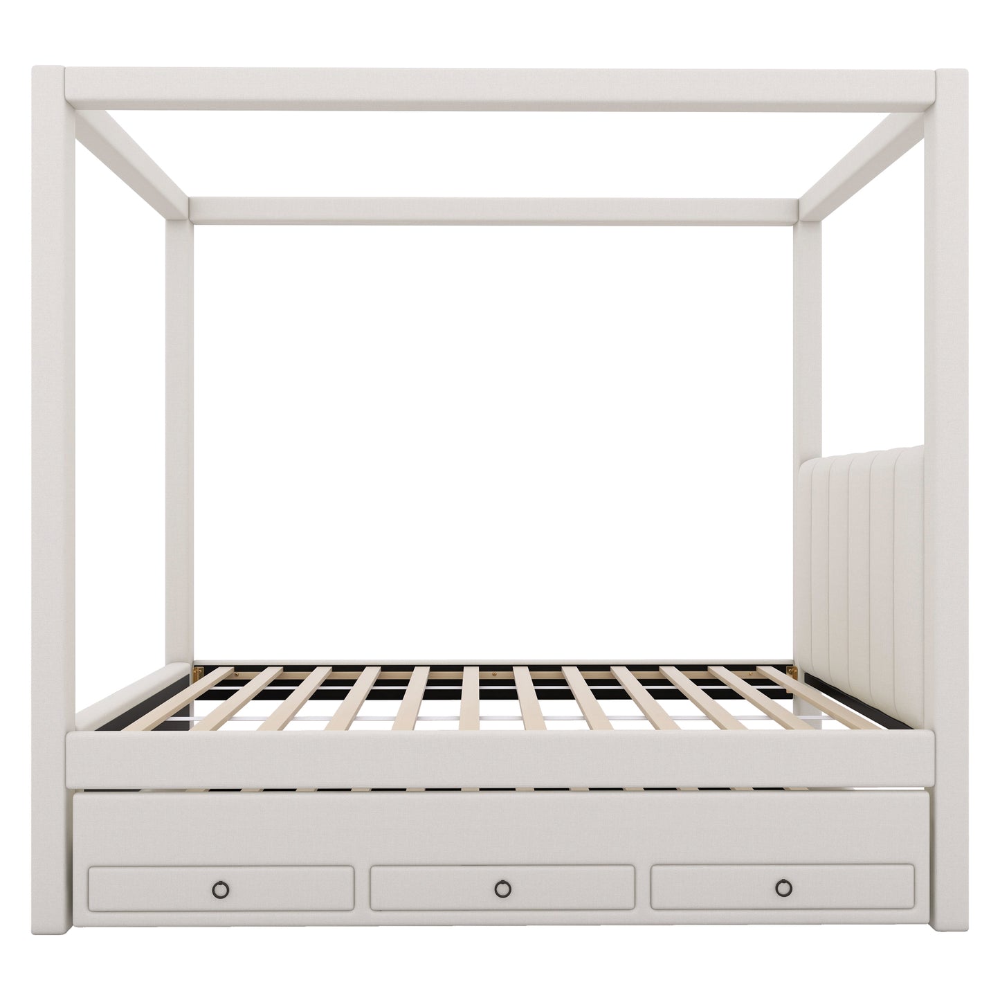 Twin Size Upholstery Canopy Platform Bed with Trundle and Three Storage Drawers, Beige, Pine Wood and MDF