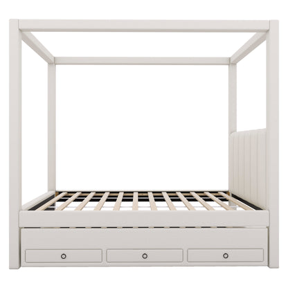 Twin Size Upholstery Canopy Platform Bed with Trundle and Three Storage Drawers, Beige, Pine Wood and MDF