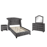 SOPHIA Queen 5-Piece Upholstered Bedroom Set in Gray with Crystal Tufted Bed, Dresser, Mirror, Nightstand and Chest, Modern Wood Furniture Set