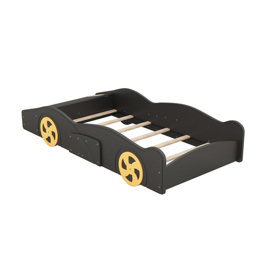 Twin Size Race Car-Shaped Platform Bed with Wheels and Storage in Black+Yellow, Solid Wood+MDF