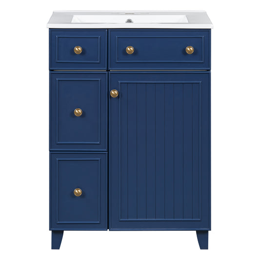 Transitional Bathroom Vanity Cabinet with Ceramic Sink, Blue, Solid Wood & MDF, 24-Inch