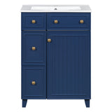 Transitional Bathroom Vanity Cabinet with Ceramic Sink, Blue, Solid Wood & MDF, 24-Inch