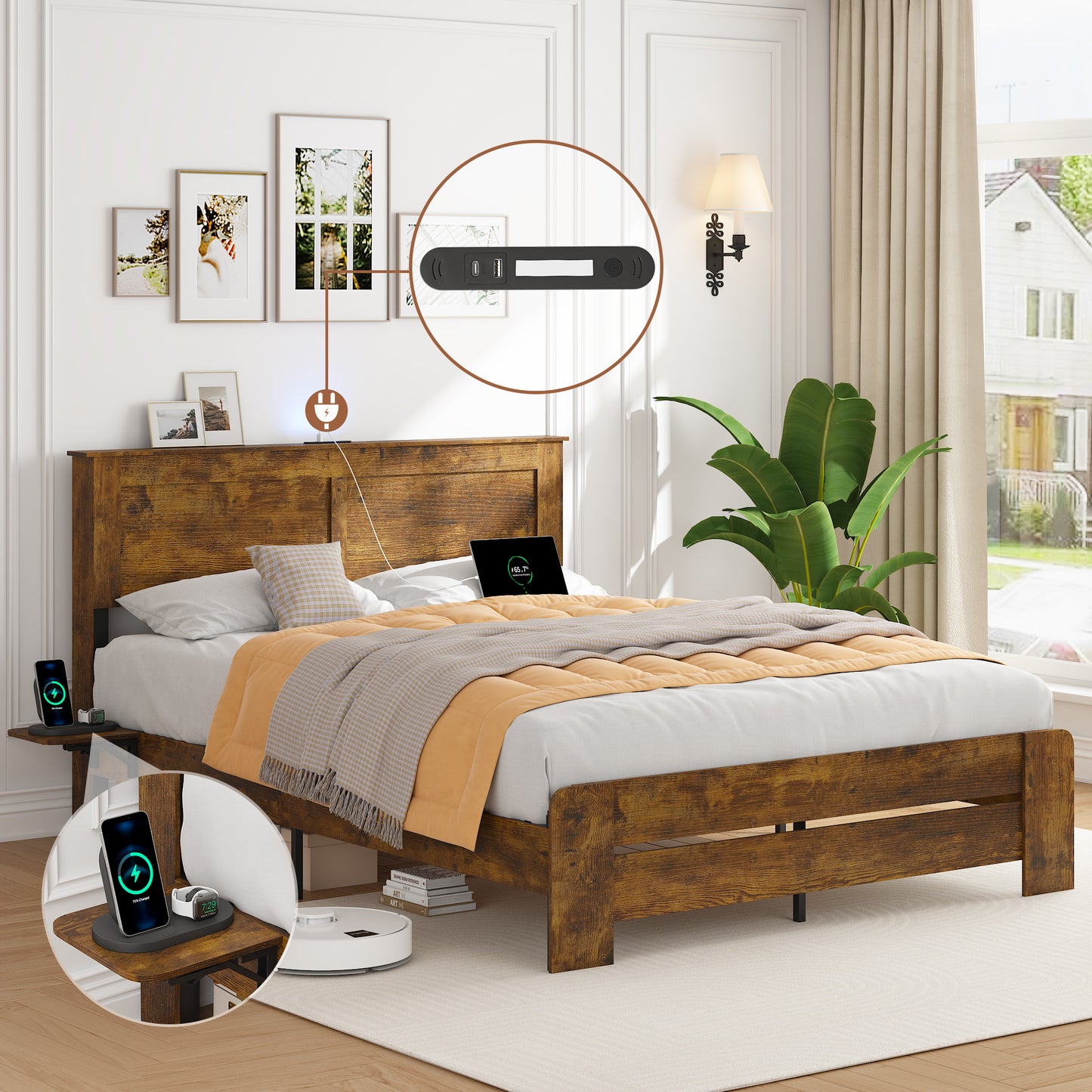 Farmhouse Full Size Bed Frame with Headboard Storage Shelf, Wood Platform Bed Frame with LED Lights & Charging Station, Rustic Brown wood Bed, No Box Spring Needed, Noise-Free Sturdy Structure