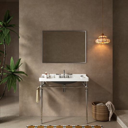VICI 36' Bathroom Console Sink, Wall-Mounted White Ceramic Vanity Basin with 3 Pre-drilled Faucet Holes, Freestanding Stainless Steel Support Legs with Towel Bar, No Faucet & Sink Cover, Chrome Color