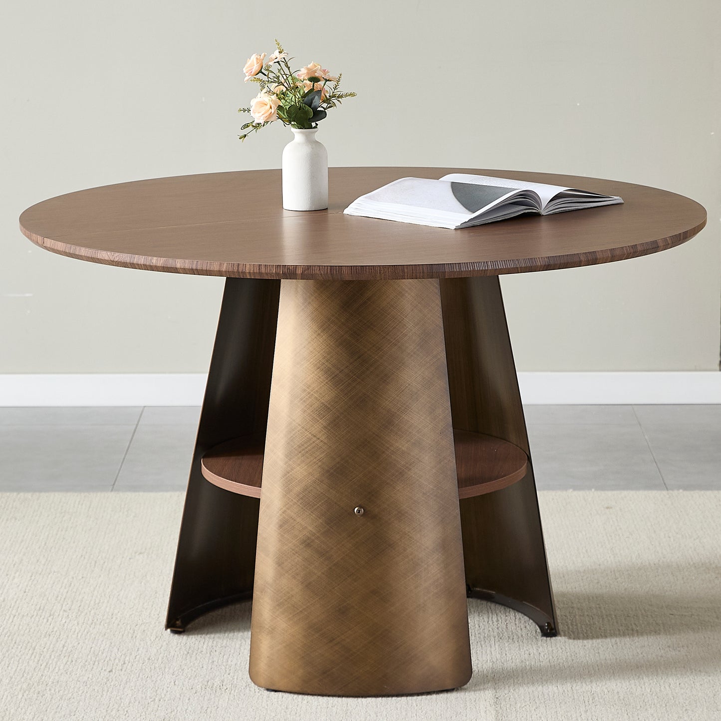 47.25 Inch Round Dining Table, Retro Style, Brushed Texture, Suitable For 4-6 People, MDF Tabletop, Metal Frame, Walnut Wood, Bronze Color.