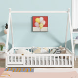 Full Size Rubber Wood Tent-shaped Floor Bed,with Guardrails,Slats and Door,White