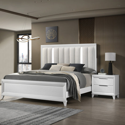 Contemporary King Size Bed 2xNightstand 3pc Set Panel Bed Upholstered Cushion LED Lights Headboard White Finish Wooden Solid Wood Furniture