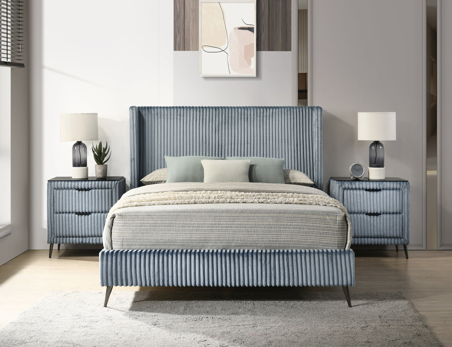 Mavela Wide Wale Corduroy Upholstery Panel Queen Bed with 2 Nightstands, Blue