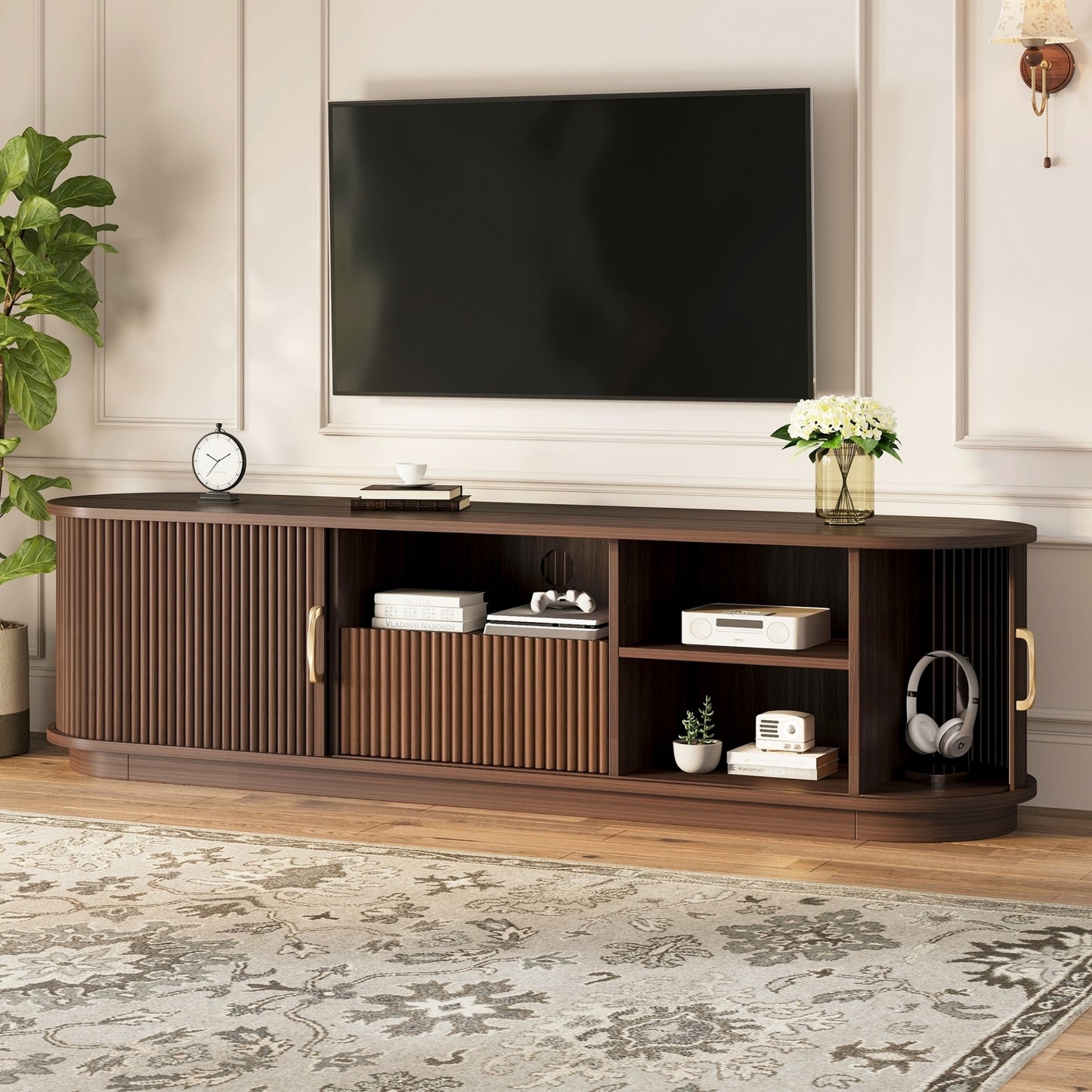 Vintage Rustic TV Stand with Sliding Wood Slatted Doors for TVs up to 75', Farmhouse Fluted TV Cabinet with Drawer, Wood Grain Media Console with Cable Management for Living Room, Bedroom, Walnut