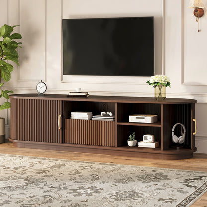 Vintage Rustic TV Stand with Sliding Wood Slatted Doors for TVs up to 75', Farmhouse Fluted TV Cabinet with Drawer, Wood Grain Media Console with Cable Management for Living Room, Bedroom, Walnut