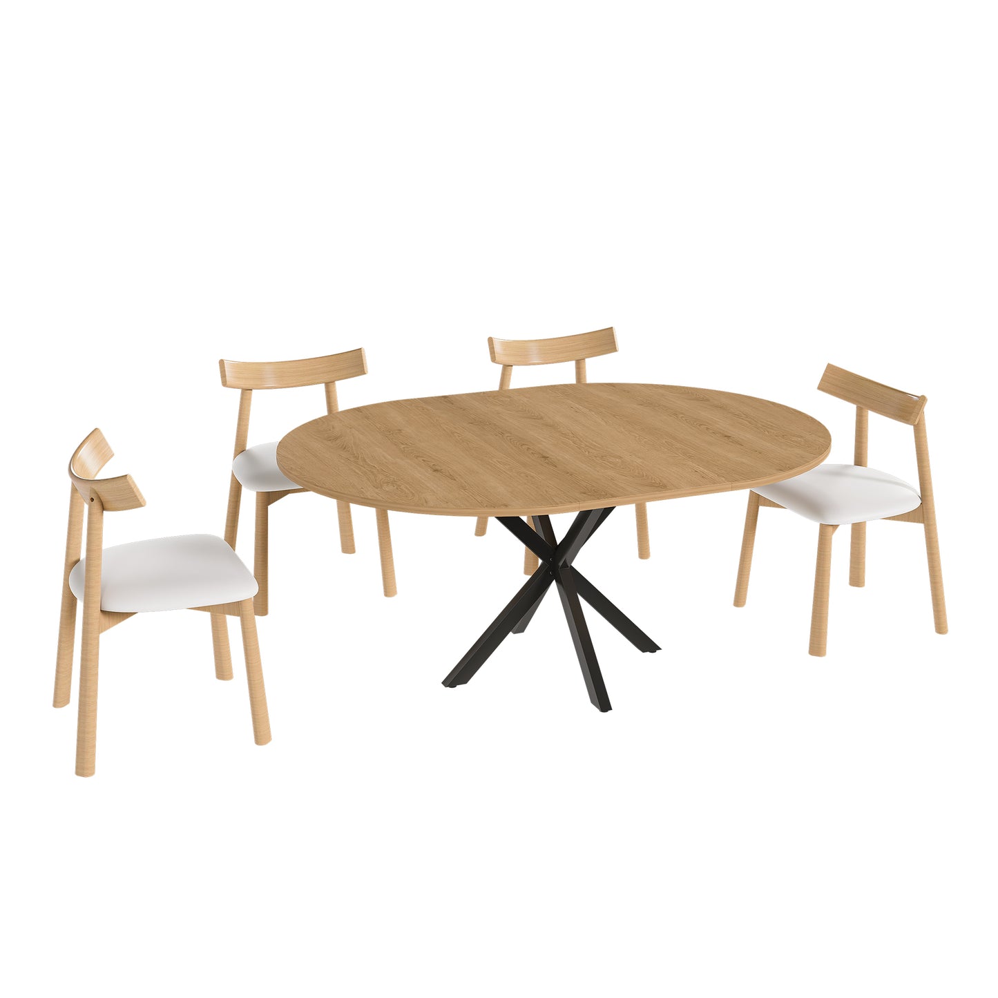 Modern Extendable Round Dining Table Set for 2-6 People, Oak Finish MDF Table with Carbon Steel Base and 4 Solid Wood Chairs, 43 to 58 Inch Expandable Design
