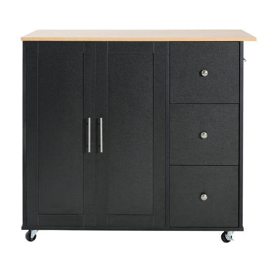 Mobile Kitchen Cart with Storage, 39.76'' Rolling Kitchen Island with 2 Doors, 3 Drawers & Adjustable Shelf, Black Utility Cart for Kitchen/Dining Room