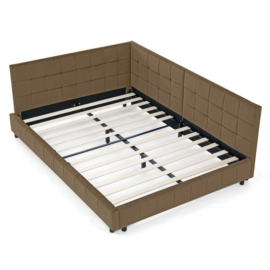 Mid-Century Full Size Upholstered Bed Frame with Tufted Backrest and Armrests in Brown Velvet