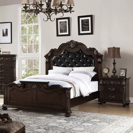 Gorgeous Traditional Antique Cherry Eastern King Size Bed Tufted Faux Leather HB 2x Nightstands 3pc Bedroom Set