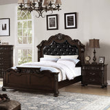 Gorgeous Traditional Antique Cherry Eastern King Size Bed Tufted Faux Leather HB 2x Nightstands 3pc Bedroom Set