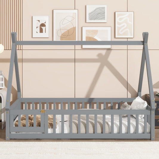 Twin Tent-shaped Floor Bed,Teepee Bed with Guardrails,Slats and Door,Grey