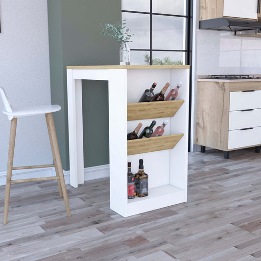 Kitchen Island 41' H, 2 Bottle Organizer and Shelf, White / Macadamia