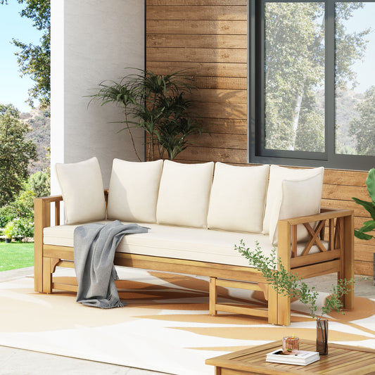 Outdoor Extendable Acacia Wood 3 Seater Sofa, Upholstered Cushion Couch, Daybed Sofa Chair, Spacious Seating Lounge Chair, Patio Daybed Sofa for Garden Yard