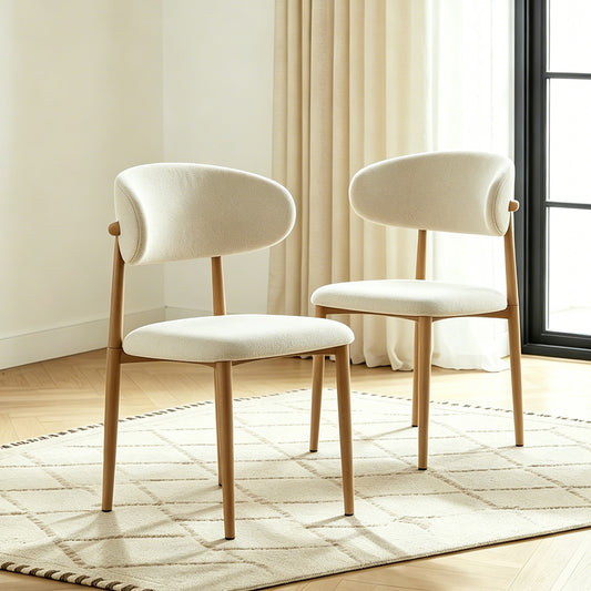 Dining chair 2-piece set. Suitable for kitchen dining table. Medieval modern farmhouse soft cushioned linen dining chairs in natural wood color with metal legs, beige seat cushion.
