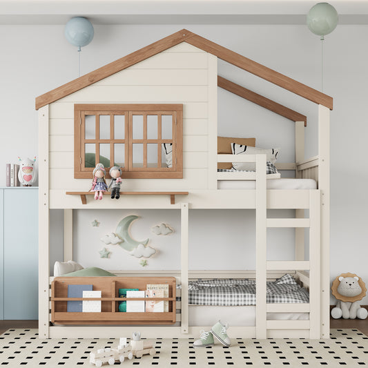 Twin Size Bunk Bed/Loft Bed with Bookshelf, House Design, High-Quality Safety Fencing,Beige & Natural