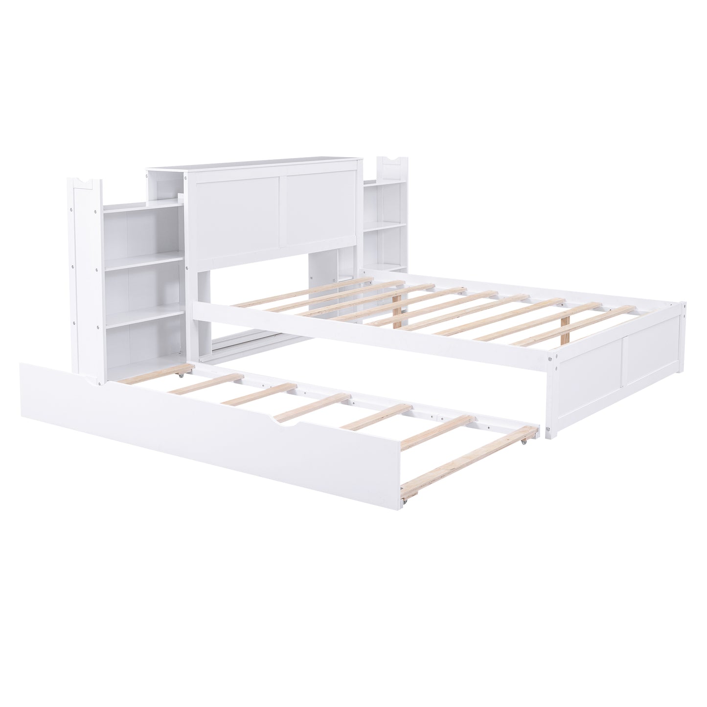 White Full Size Storage Platform Bed with Pull Out Shelves and Twin Trundle, Solid Wood+MDF