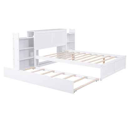 White Full Size Storage Platform Bed with Pull Out Shelves and Twin Trundle, Solid Wood+MDF
