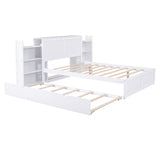 White Full Size Storage Platform Bed with Pull Out Shelves and Twin Trundle, Solid Wood+MDF