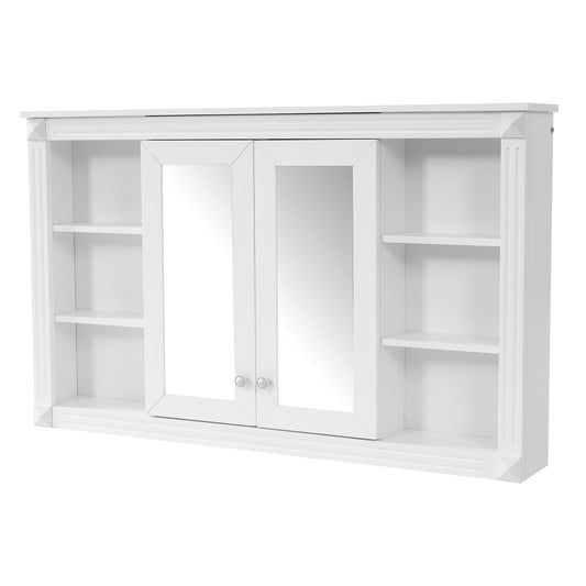 Modern 47 Inch White Wall-Mounted Mirror Cabinet with Adjustable Shelf and Open Shelves, MDF Construction, Rectangular Design