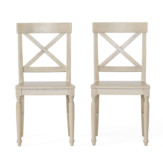 Acacia Wood Dining Chair with X-Shaped Back, Set of 2, Antique White