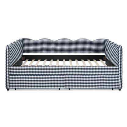 Queen Size Cozy Gingham Daybed with Two Storage Drawers, USB Port, Wave Shape, Navy Blue Linen Fabric