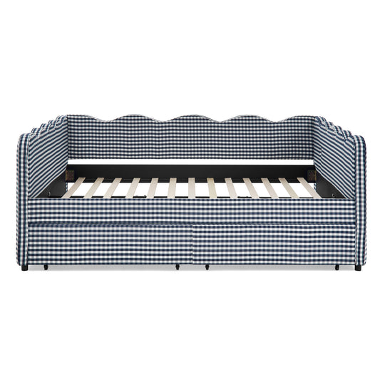 Queen Size Cozy Gingham Daybed with Two Storage Drawers, USB Port, Wave Shape, Navy Blue Linen Fabric