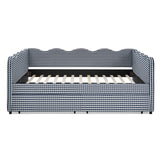 Queen Size Cozy Gingham Daybed with Two Storage Drawers, USB Port, Wave Shape, Navy Blue Linen Fabric