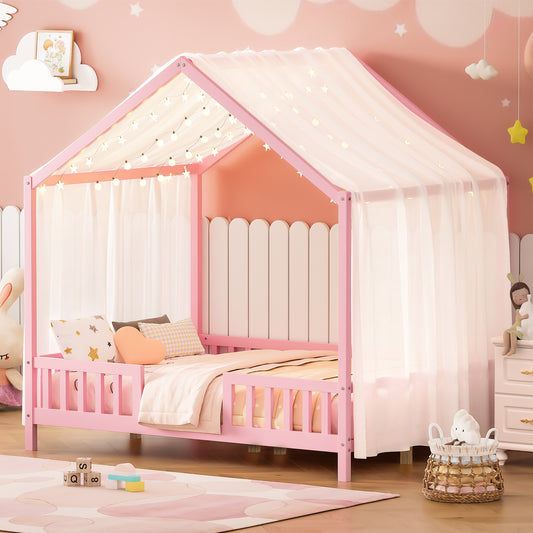 Montessori Floor Bed with Canopy, Full Bed Frame for Kids, House Shape Kids Bed Frame with High Railings, Wood Kids Bed with Roof, Kid Full Bed, Pink