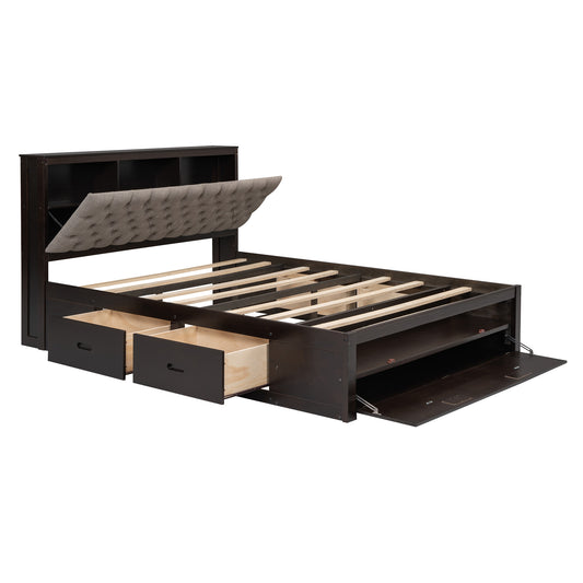 Wood Queen Size Platform Bed with Storage Headboard, Shoe Rack and 4 Drawers, Espresso Finish, Solid Pine Wood+MDF