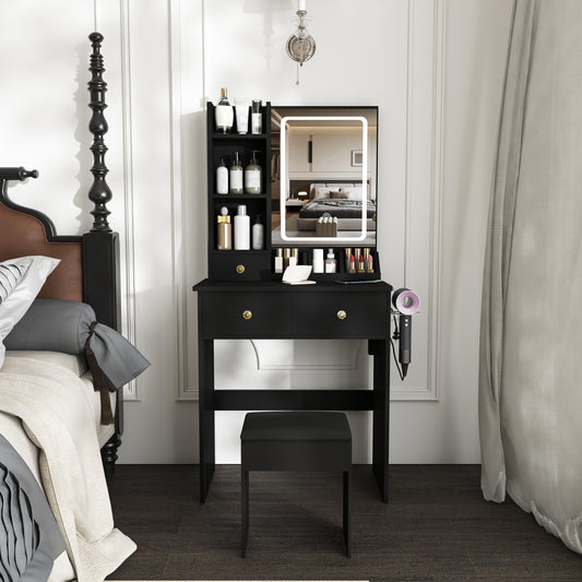 Modern small Vanity Desk ,featuring 3 modes of LED lighting with adjustable brightness, 3 drawers and multiple open storage shelves, a hair dryer holder and power socket, and a dressing chair. black