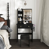 Modern small Vanity Desk ,featuring 3 modes of LED lighting with adjustable brightness, 3 drawers and multiple open storage shelves, a hair dryer holder and power socket, and a dressing chair. black