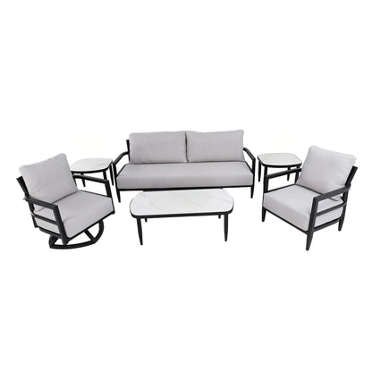 6PC Outdoor Conversation Set with 360° Swivel Club Chair, Club Chair, Luxurious Bench Seat Sofa, Marble-Inspired Sintered Stone Tables, Ember Black Aluminum Frame & Cast Silver Sunbrella Cushions