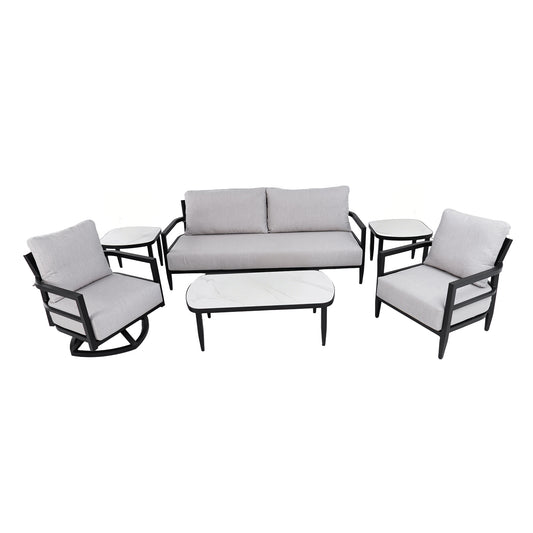 6PC Outdoor Conversation Set with 360° Swivel Club Chair, Club Chair, Luxurious Bench Seat Sofa, Marble-Inspired Sintered Stone Tables, Ember Black Aluminum Frame & Cast Silver Sunbrella Cushions