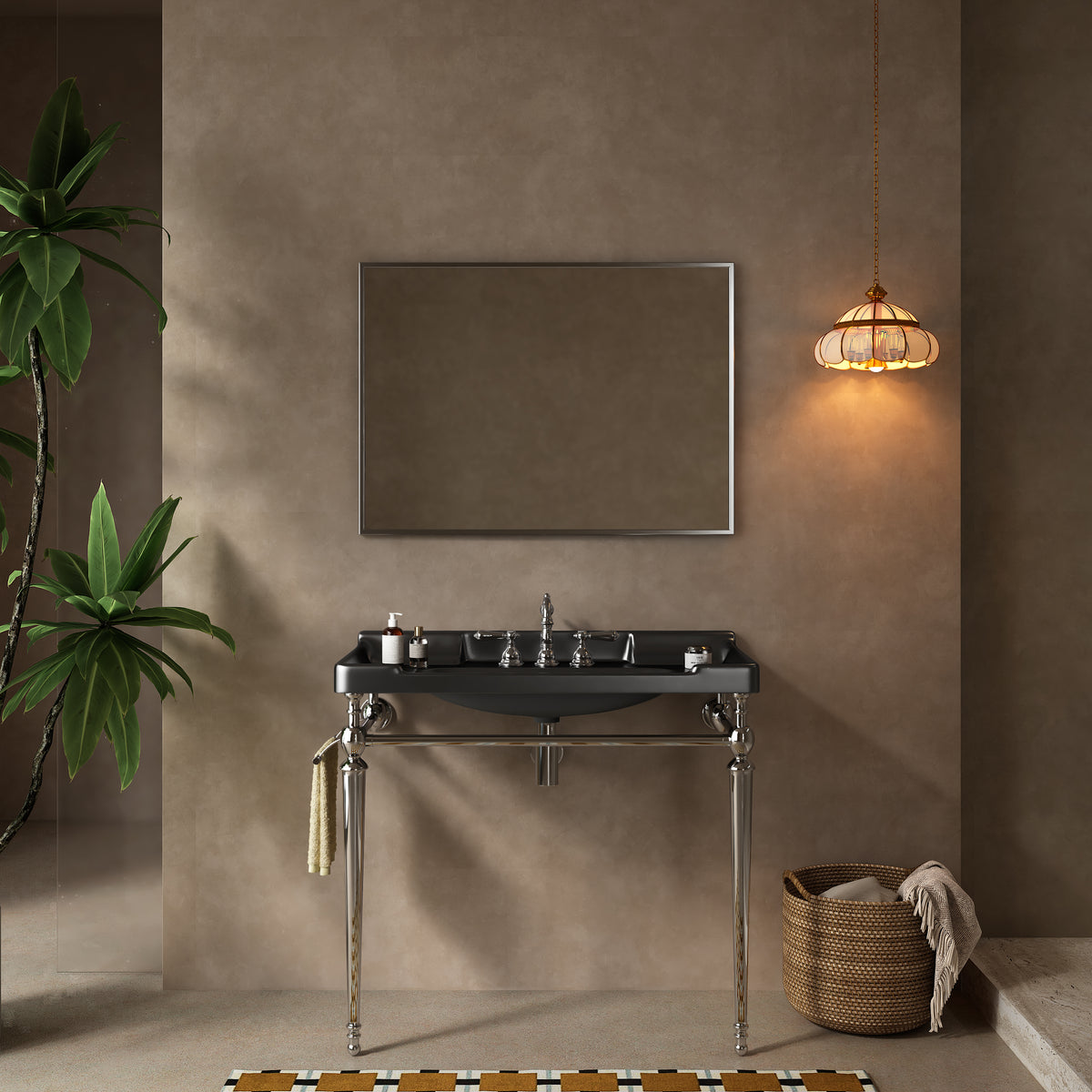 VICI 36' Bathroom Console Sink, Wall-Mounted Black Ceramic Vanity Basin with 3 Pre-drilled Faucet Holes, Freestanding Stainless Steel Support Legs with Towel Bar, No Faucet & Sink Cover, Chrome Color