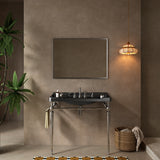 VICI 36' Bathroom Console Sink, Wall-Mounted Black Ceramic Vanity Basin with 3 Pre-drilled Faucet Holes, Freestanding Stainless Steel Support Legs with Towel Bar, No Faucet & Sink Cover, Chrome Color