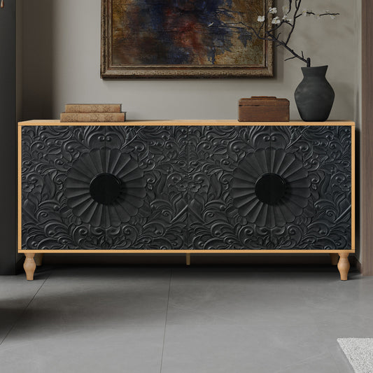 Black Carved Symmetrical Design Door And Wood Coloured Frame For TV Stand Table,Living Room ,Entryway