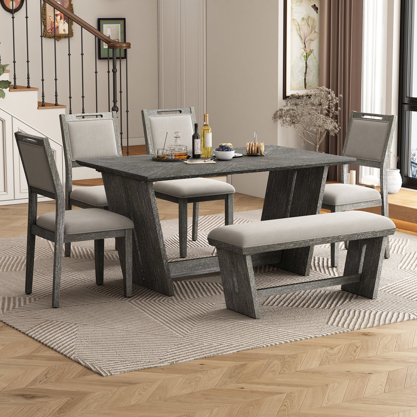 TREXM 6-Piece Retro Dining Table Set for 6, 60' Wood Kitchen Table and Chairs Set of 4 with Bench Designed Trestle Base for kitchen & Dining Room (Gray)