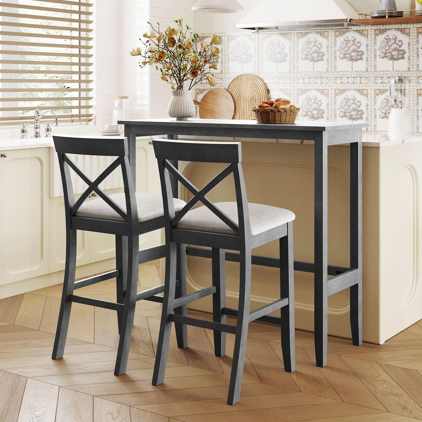 TOPMAX Farmhouse 48'Rectangular Wood Bar Height Dining Set Kitchen Breakfast Nook with 2 Chairs for Small Places,Gray+Beige